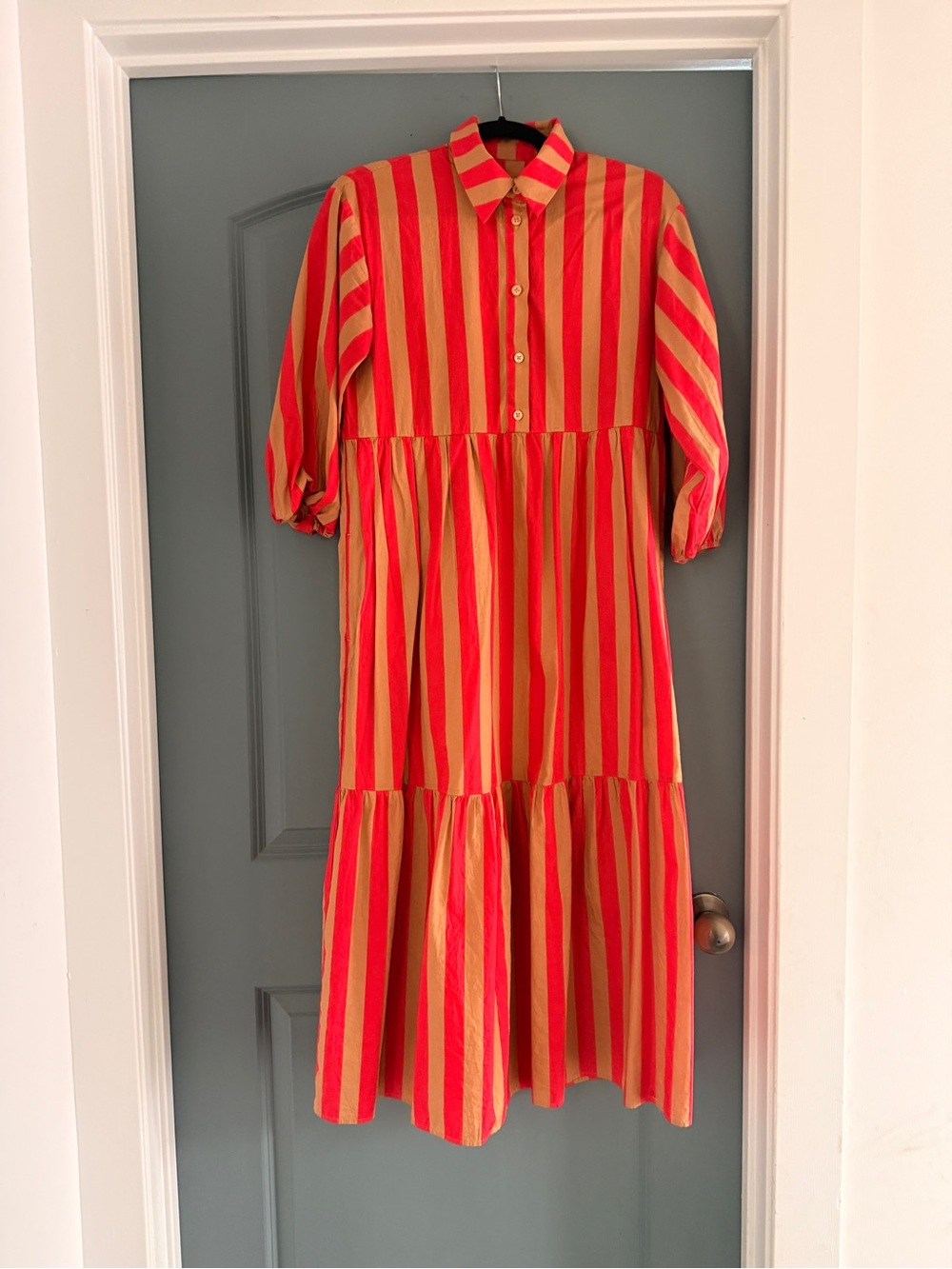 Anthro Maeve Red and Tan Stripe Tiered Shirt Dress Sz Sm EUC